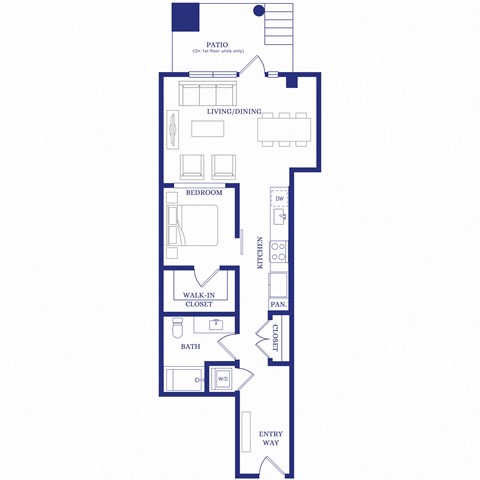 Floor plan for 1 bed, 1 bath, 764 sqft